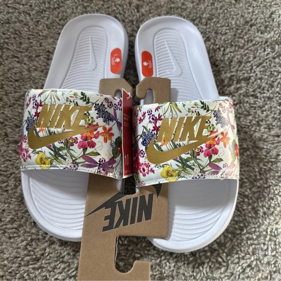 Nike Shoes - Nike Victori One Womens Print Slides Sandals White Gold Floral DZ6249-100